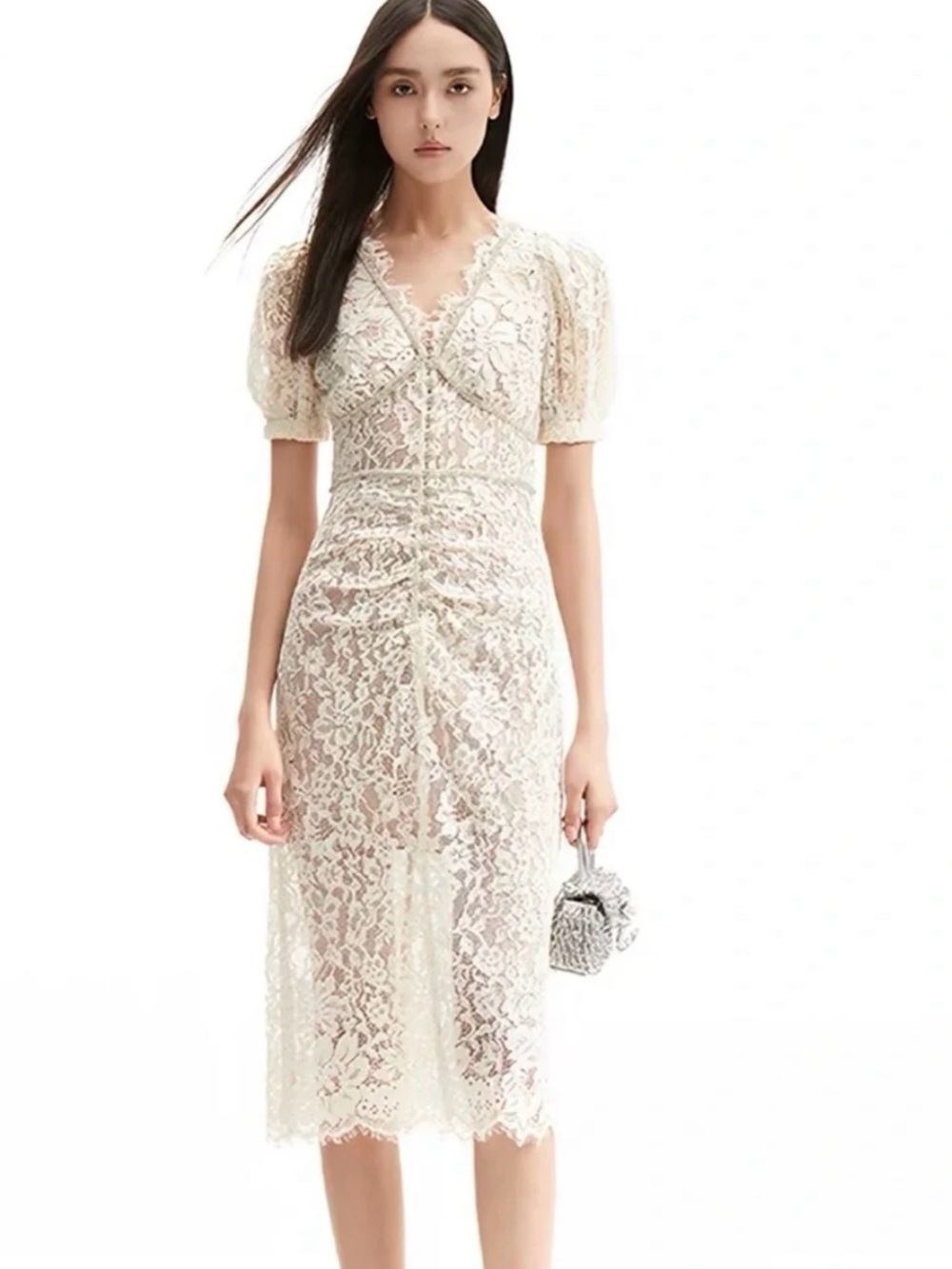 Self-Portrait Cream Lace Midi Dress with Button-Front Detail